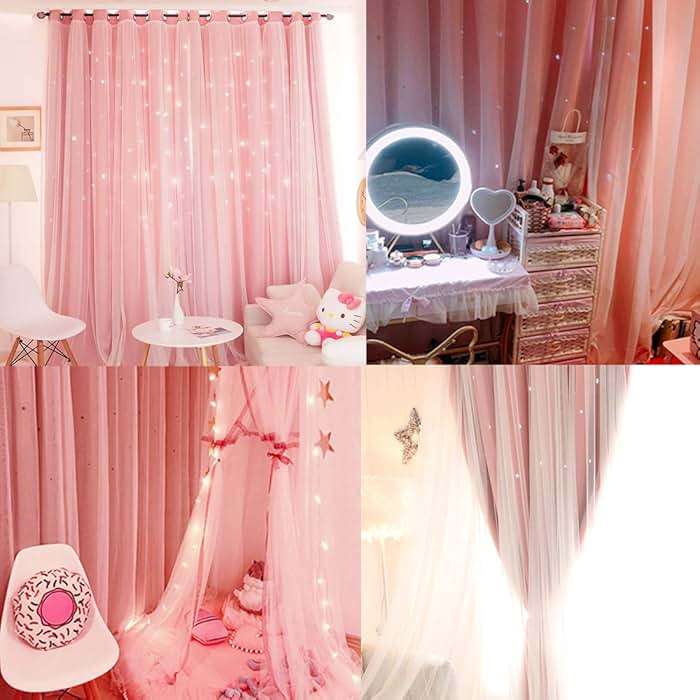 UNISTAR 2 Panels Stars Blackout Curtains for Bedroom Girls Kids Baby Window Curtain Double Layer Star Cut Out Aesthetic Living Room Decor Wall Home Decorations Curtain,W52 x L84 Inches,Pink - Image 6