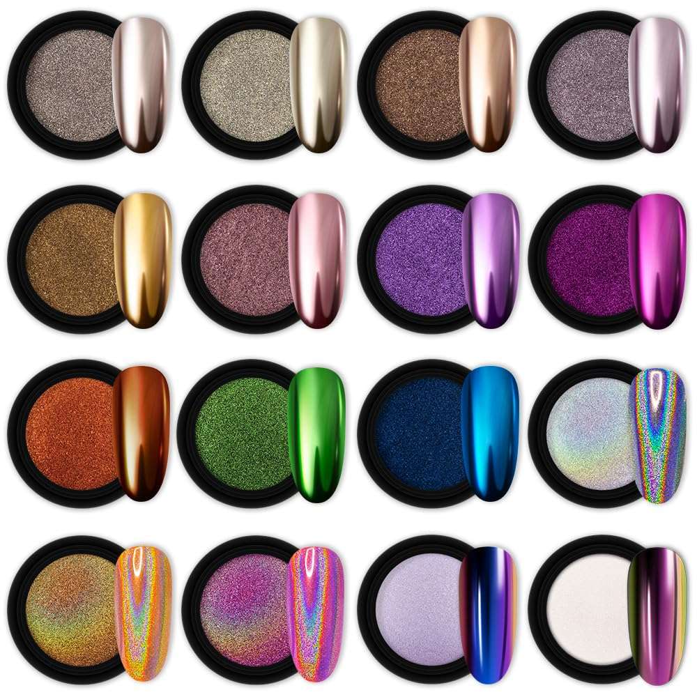Artdone 16 Jars Chrome Nail Powder Nail Art Fimo Striping Tape Lines Decoration Metallic Mirror Effect Holographic Aurora Chameleon Pigment Powder 1g/Jar Pearl for Resin Craft & Nail Art - Image 1