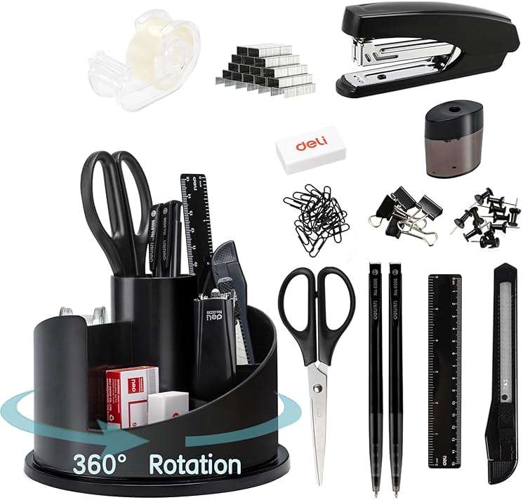 deli Office Supplies Set, 1045 Pcs-Desk Accessory Organizer Kit, Stapler Set, Rotating Multi-Functional Pen Holder, Tape Dispenser, Pens, Binder Clips, Sharpener, Scissor, Eraser, Black - Image 1