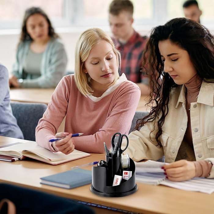 deli Office Supplies Set, 1045 Pcs-Desk Accessory Organizer Kit, Stapler Set, Rotating Multi-Functional Pen Holder, Tape Dispenser, Pens, Binder Clips, Sharpener, Scissor, Eraser, Black - Image 2