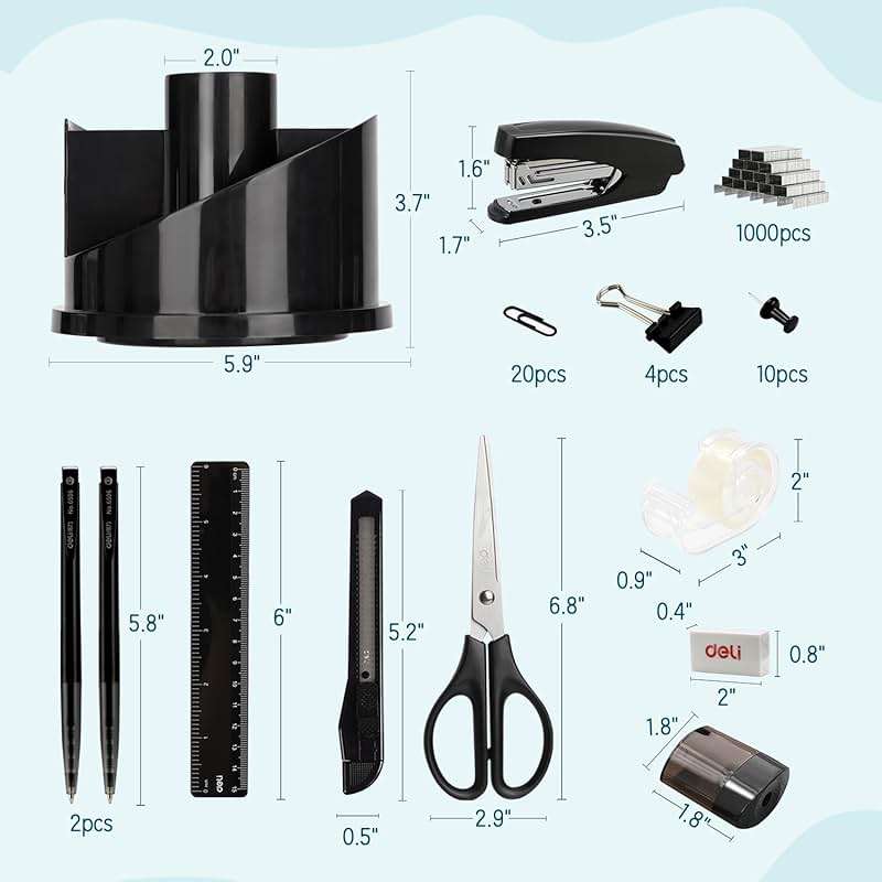 deli Office Supplies Set, 1045 Pcs-Desk Accessory Organizer Kit, Stapler Set, Rotating Multi-Functional Pen Holder, Tape Dispenser, Pens, Binder Clips, Sharpener, Scissor, Eraser, Black - Image 3