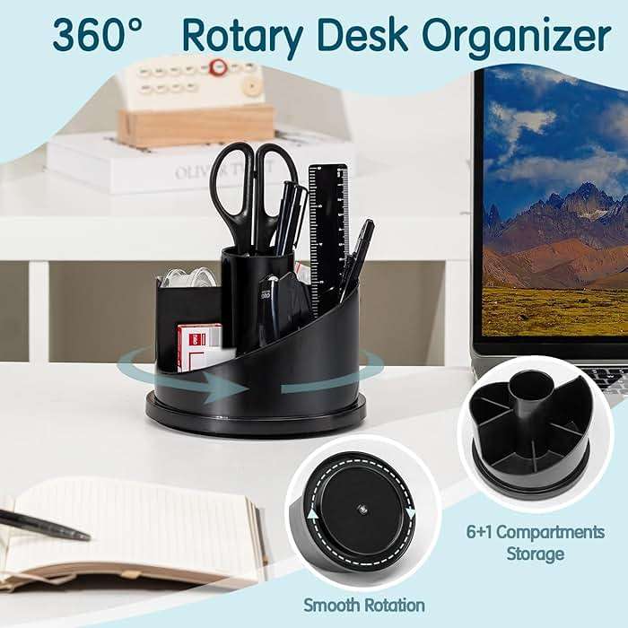 deli Office Supplies Set, 1045 Pcs-Desk Accessory Organizer Kit, Stapler Set, Rotating Multi-Functional Pen Holder, Tape Dispenser, Pens, Binder Clips, Sharpener, Scissor, Eraser, Black - Image 4