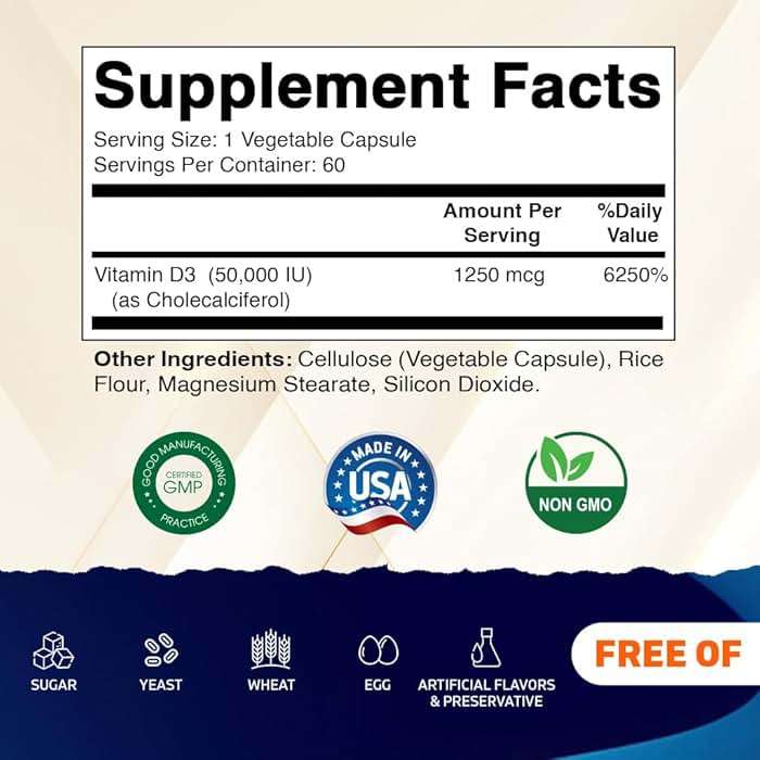 Vitamatic Vitamin D3 50,000 IU (as Cholecalciferol), Once Weekly Dose, 1250 mcg, 60 Veggie Capsules 1 Year Supply, Progressive Formula Helping Vitamin D Deficiencies (60 Count (Pack of 1)) - Image 2