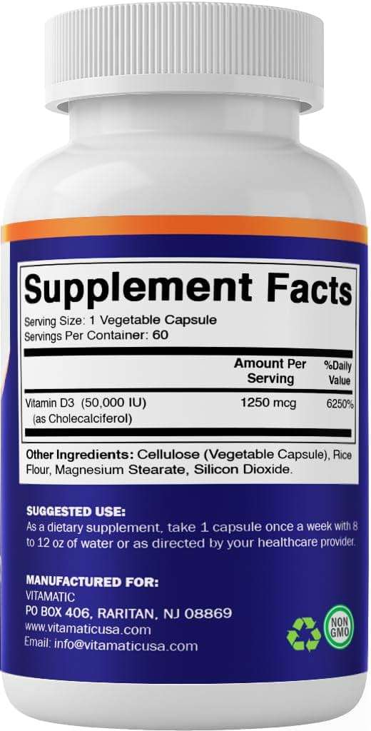 Vitamatic Vitamin D3 50,000 IU (as Cholecalciferol), Once Weekly Dose, 1250 mcg, 60 Veggie Capsules 1 Year Supply, Progressive Formula Helping Vitamin D Deficiencies (60 Count (Pack of 1)) - Image 9