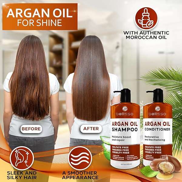 Moroccan Argan Oil Shampoo and Conditioner Set - Sulfate Free with No Parabens - Botanicals for Women and Men - Professional Moisturizing, Anti Frizz, Hydrating Solution for Dry, Wavy and Curly Hair - Image 2