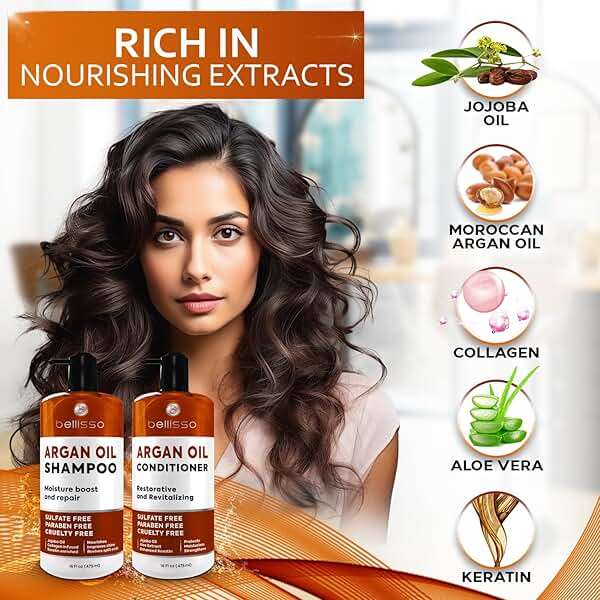 Moroccan Argan Oil Shampoo and Conditioner Set - Sulfate Free with No Parabens - Botanicals for Women and Men - Professional Moisturizing, Anti Frizz, Hydrating Solution for Dry, Wavy and Curly Hair - Image 3