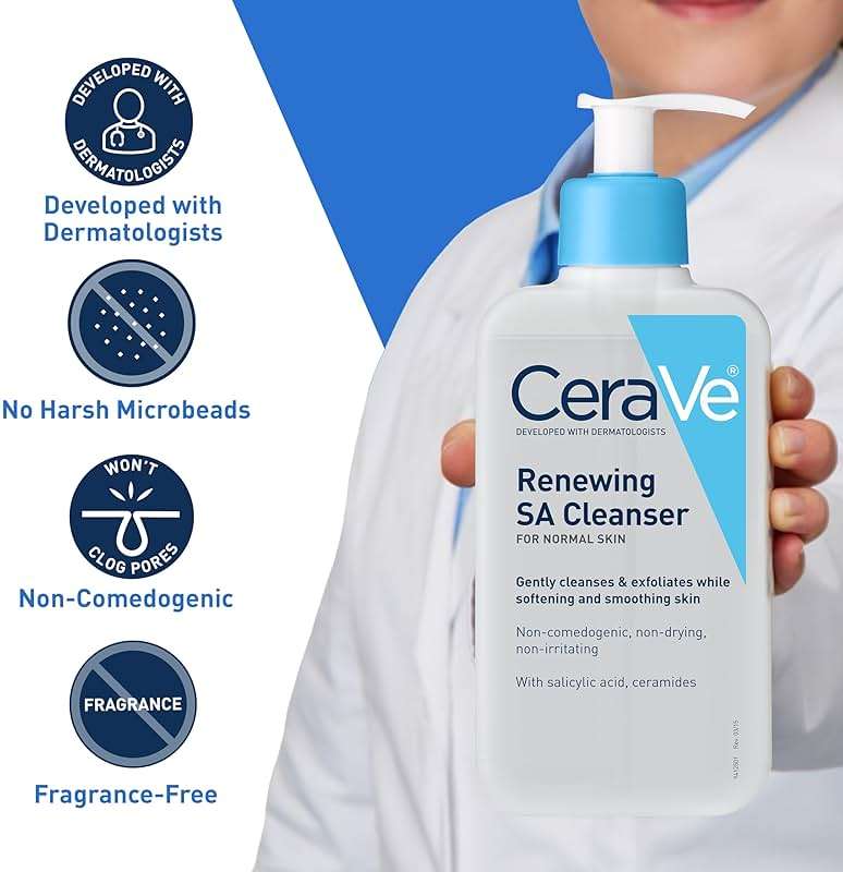 CeraVe Renewing Salicylic Acid Cleanser, Formulated With Hyaluronic Acid, Niacinamide, & Ceramides, Gentle BHA Exfoliating Face Wash Smoothes & Softens Skin, Non Comedogenic & Fragrance Free, 16 Ounce - Image 3