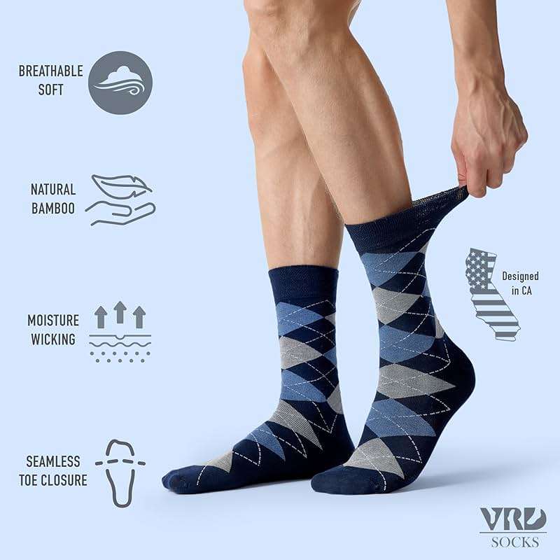 VRD Men's Dress Socks Bamboo Rayon, 5-Pack Crew Socks, Multiple Colors and Designs, Shoe Size 8-13, Gift Box - Image 3