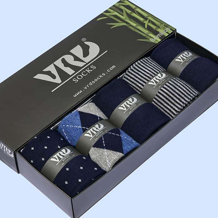 VRD Men's Dress Socks Bamboo Rayon, 5-Pack Crew Socks, Multiple Colors and Designs, Shoe Size 8-13, Gift Box - Image 4
