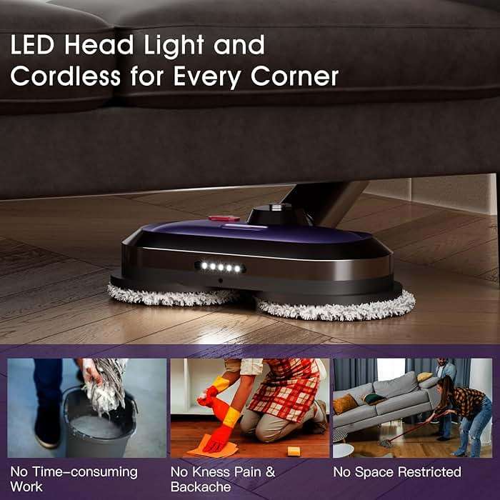 VMAI Electric Mop with Detachable Battery & 300ml Water Tank, Spin Mop with LED Headlight and Sprayer, for Hardwood, Tile, Laminate Floor, <50dB Working Noise - Image 3