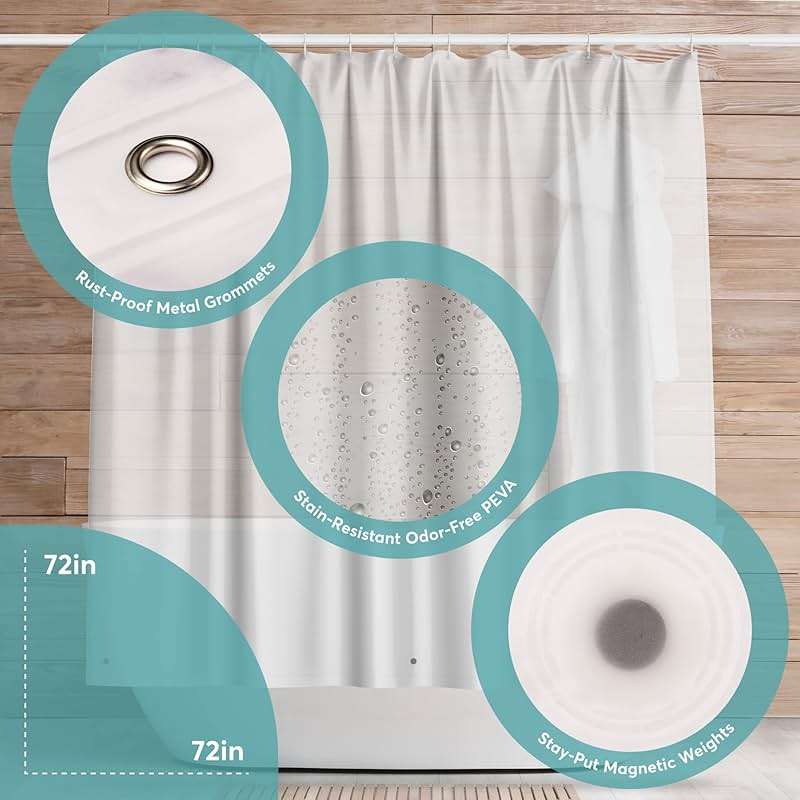BigFoot Clear Shower Curtain - 72x72 Odorless Plastic with Magnets, Washable Long Bathroom Curtain - Premium PEVA Waterproof Bath Curtain, Rust-Proof Bathroom Essentials - Image 3
