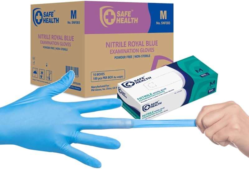 Safe Health Nitrile Exam Gloves – 4 mil, Latex-Free, Powder-Free, Disposable, Blue, Medical Grade, Food, Cleaning Use - Image 1
