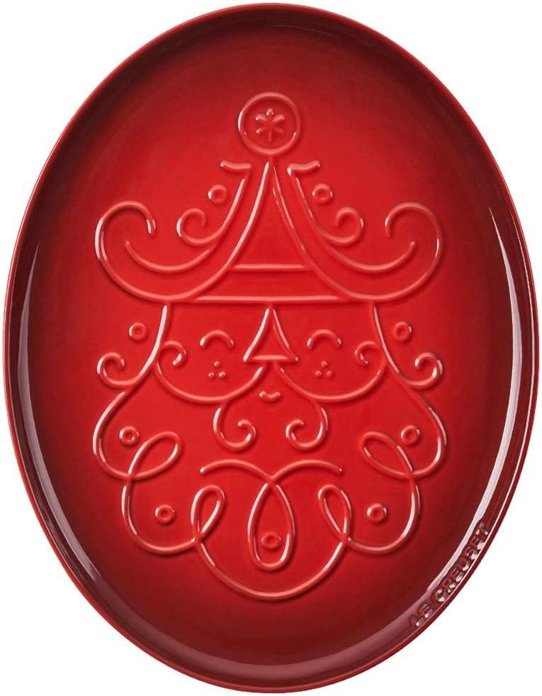Le Creuset Stoneware Noel Collection: Oval Santa Cookie Platter, 14 oz., Cerise w/Embossed Design - Image 1