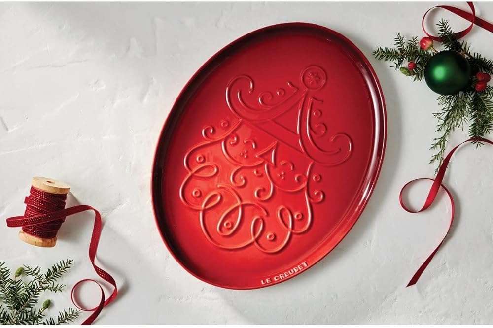 Le Creuset Stoneware Noel Collection: Oval Santa Cookie Platter, 14 oz., Cerise w/Embossed Design - Image 2