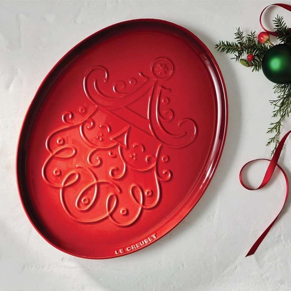 Le Creuset Stoneware Noel Collection: Oval Santa Cookie Platter, 14 oz., Cerise w/Embossed Design - Image 3