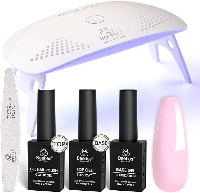 Beetles Nude Pink Gel Nail Polish Kit with UV LED Light Nail Lamp 6 Pcs Starter Kit Base Gel Top Coat Soak Off Nude Pink Polish Set with Nail File for DIY Manicure Gifts for Women - Image 1