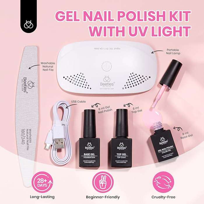 Beetles Nude Pink Gel Nail Polish Kit with UV LED Light Nail Lamp 6 Pcs Starter Kit Base Gel Top Coat Soak Off Nude Pink Polish Set with Nail File for DIY Manicure Gifts for Women - Image 2