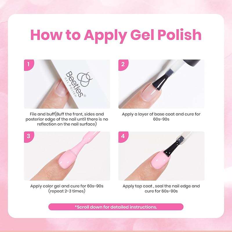 Beetles Nude Pink Gel Nail Polish Kit with UV LED Light Nail Lamp 6 Pcs Starter Kit Base Gel Top Coat Soak Off Nude Pink Polish Set with Nail File for DIY Manicure Gifts for Women - Image 7
