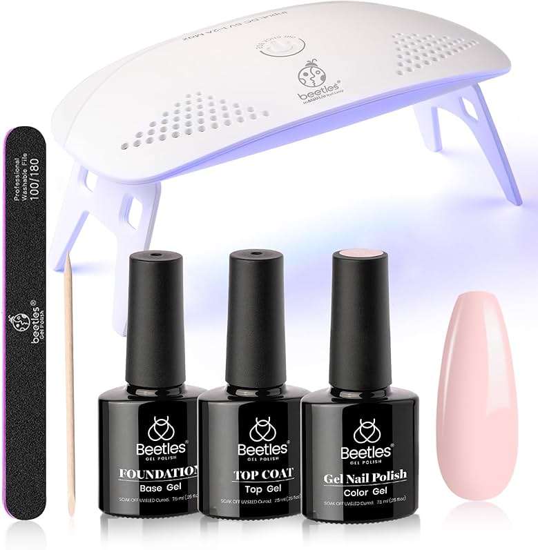 Beetles Nude Pink Gel Nail Polish Kit with UV LED Light Nail Lamp 6 Pcs Starter Kit Base Gel Top Coat Soak Off Nude Pink Polish Set with Nail File for DIY Manicure Gifts for Women - Image 8