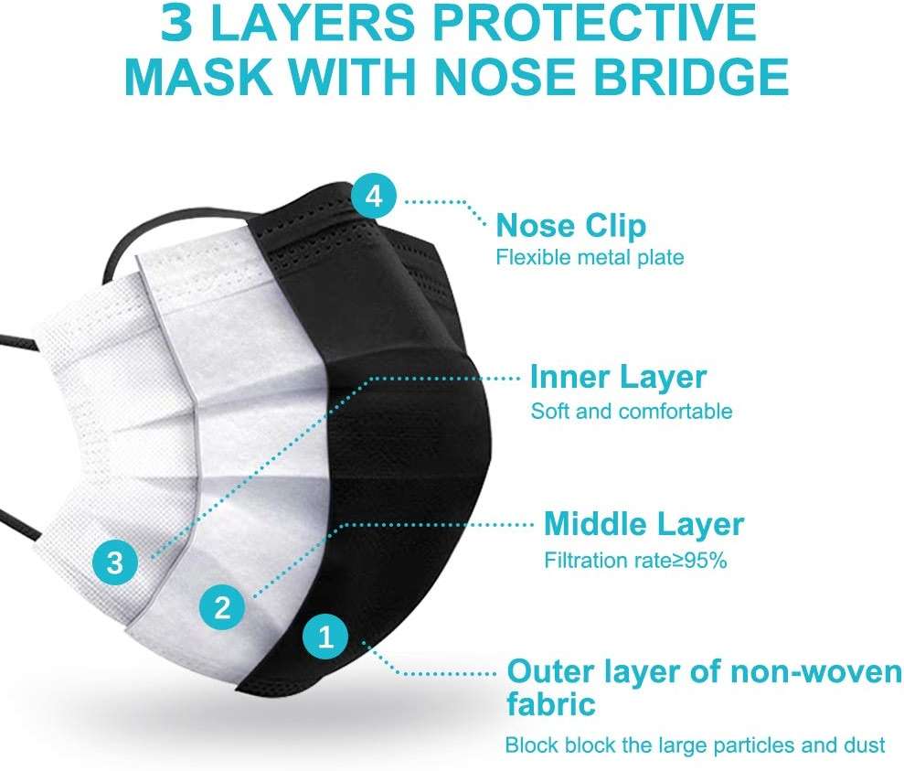 EHH Black Disposable Face Masks, Individually Wrapped, Breathable Face Mask for Men Women, 3- Ply, Comfortable Adult Masks with Adjustable Nose Wire & Elastic Ear Loop 50 Pcs, Black - Image 3