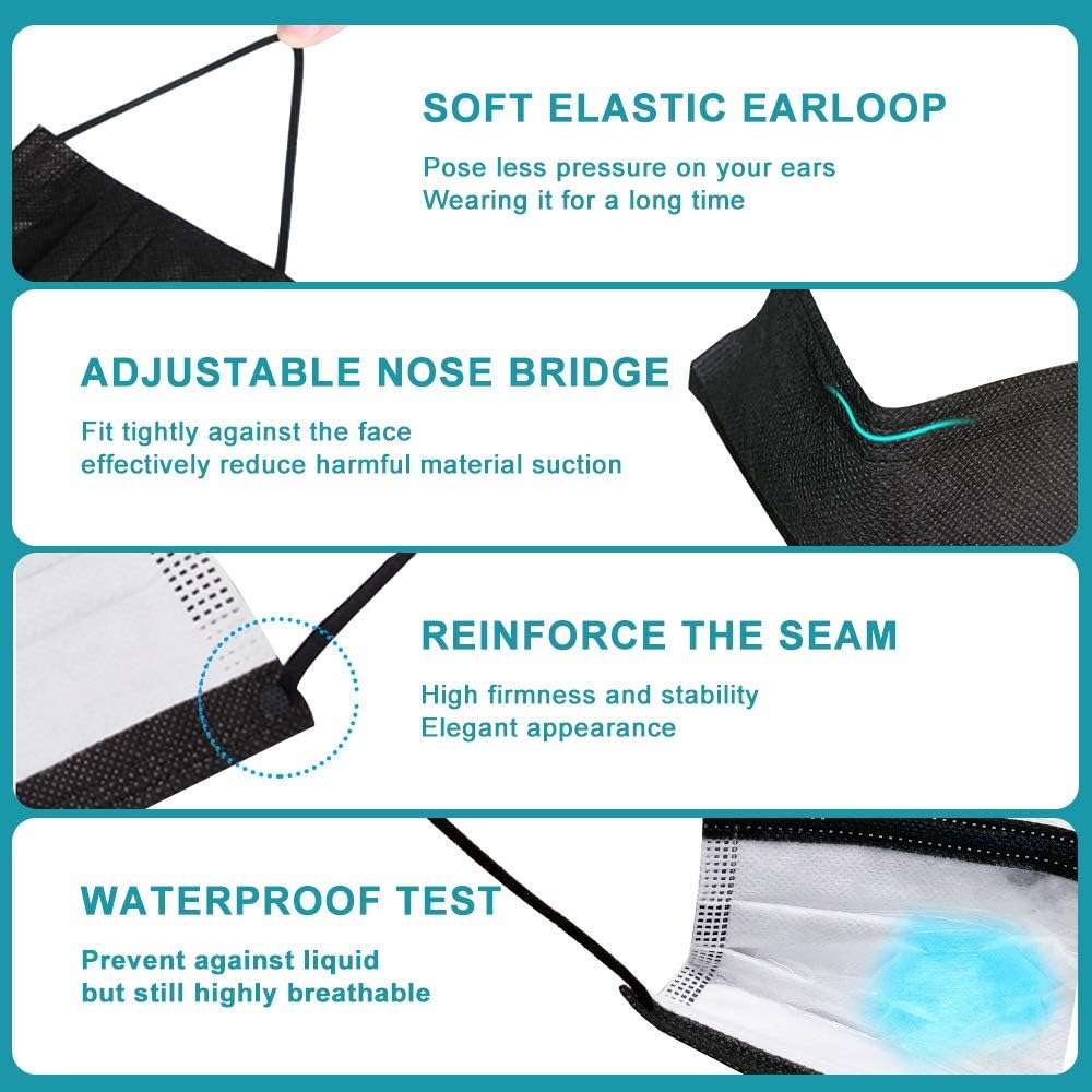 EHH Black Disposable Face Masks, Individually Wrapped, Breathable Face Mask for Men Women, 3- Ply, Comfortable Adult Masks with Adjustable Nose Wire & Elastic Ear Loop 50 Pcs, Black - Image 4