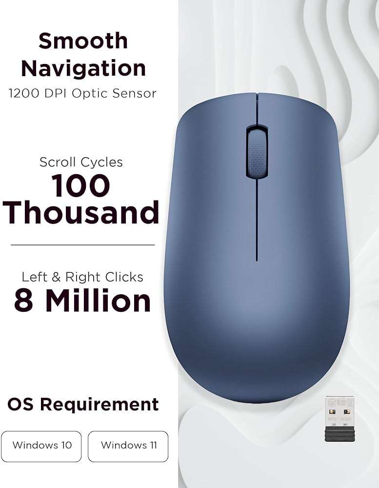 Lenovo 530 Wireless Mouse with Battery, 2.4GHz Nano USB, 1200 DPI Optical Sensor, Ergonomic for Left or Right Hand, Lightweight, GY50Z18986, Abyss Blue - Image 3