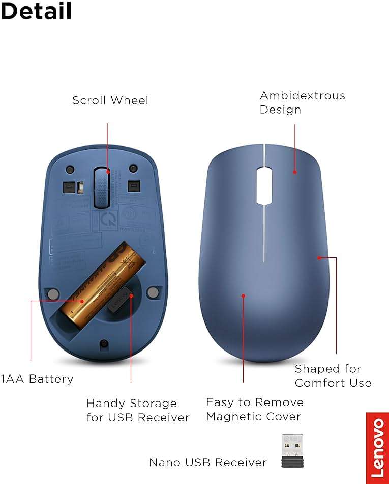 Lenovo 530 Wireless Mouse with Battery, 2.4GHz Nano USB, 1200 DPI Optical Sensor, Ergonomic for Left or Right Hand, Lightweight, GY50Z18986, Abyss Blue - Image 6