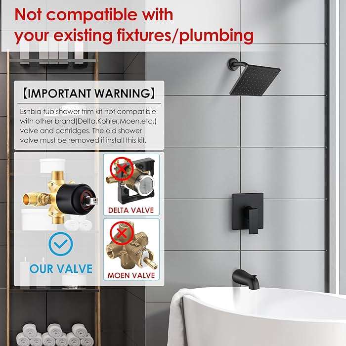 Esnbia Tub Shower Faucet Set (Valve Included) with 6-Inch Rain Shower Head and Tub Spout, Black Shower Head and Handle Set，Single-Handle Tub and Shower Trim Kit, Matte Black - Image 3