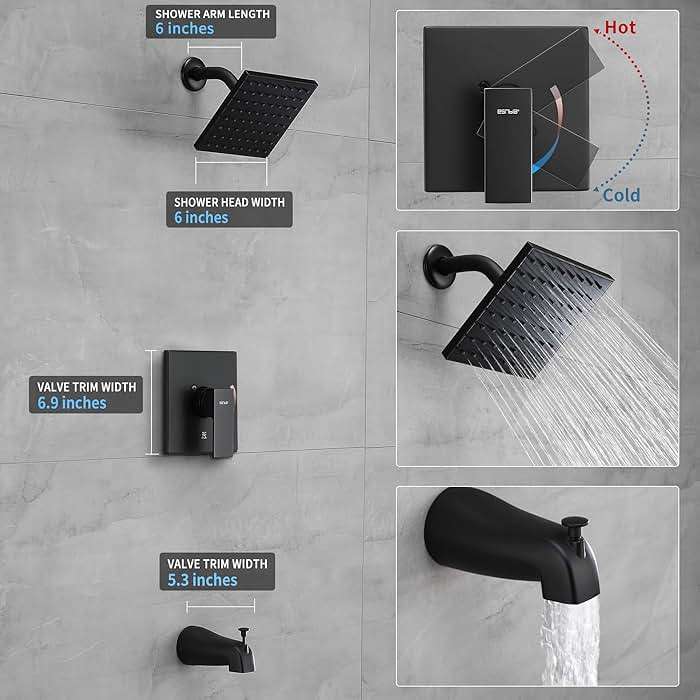 Esnbia Tub Shower Faucet Set (Valve Included) with 6-Inch Rain Shower Head and Tub Spout, Black Shower Head and Handle Set，Single-Handle Tub and Shower Trim Kit, Matte Black - Image 5
