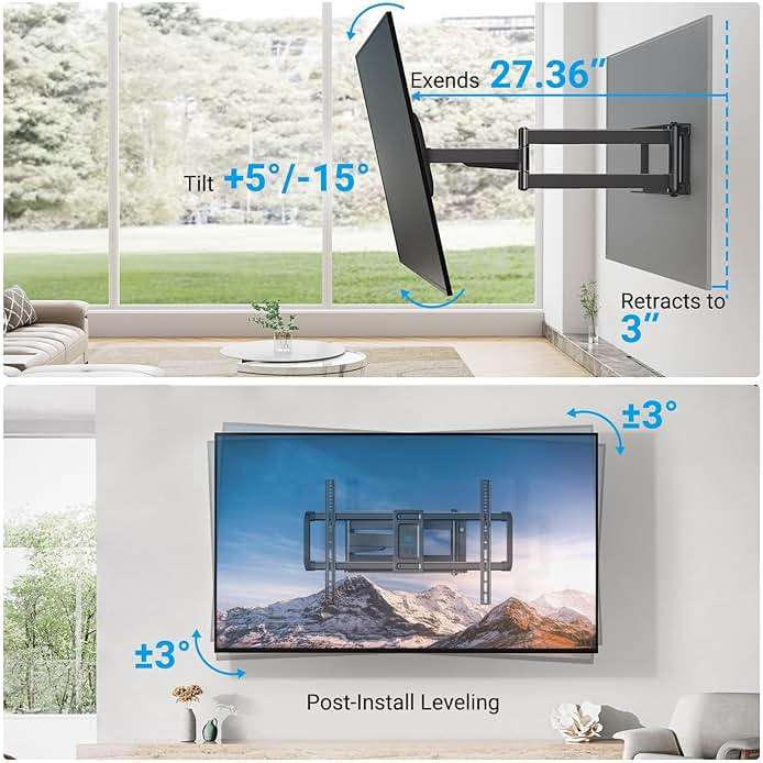 PERLESMITH Long Arm TV Wall Mount Full Motion for 37-75 inch TVs, Corner TV Mount Bracket with 27.36-inch Articulating Long Extension Arm, Swivel&Tilt, Max VESA 600x400mm up to 110lbs, 16" Wood Stud - Image 4