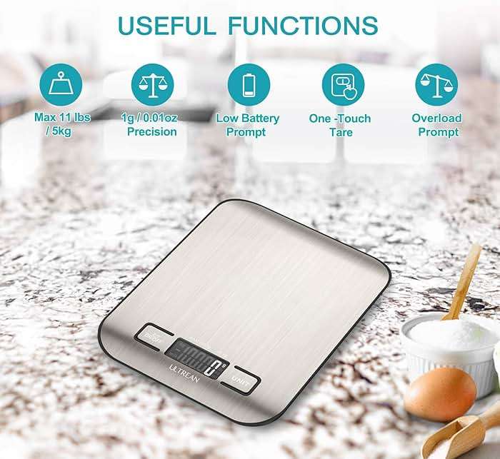 Ultrean Food Scale, Digital Kitchen Scale with LCD Display, Weight Grams and Ounces for Baking Cooking and Meal Prep, 6 Units with Tare Function, 304 Stainless Steel, 11lb (Batteries Included) - Image 3