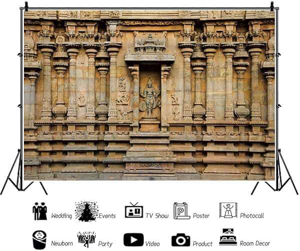 AOFOTO 10X7FT Hindu Temple Carved Walls Backdrop Thanjavur Ancient Old Brihadishvara Temple Columns Carved Idols on Wall Background for Photography Travel Photo Studio Props Vinyl - Image 3