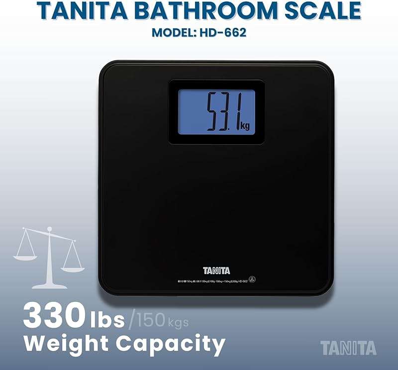Tanita HD-662 Digital Weight Scale (Black) - Japan Technology Bathroom Scale with 330 lb Weight Capacity - 2" Blue Backlit Large LCD Display - Accurate, Durable, Step-On Operation - Image 2