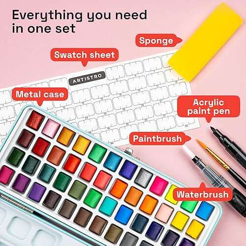 ARTISTRO 50 Color Watercolor Paint Set - Portable Paint Art Kit with Palette and Brush Pens - Travel Water Color Set for Adults, Professionals, Kids - Art and Painting Supplies - Gift Idea - Image 2