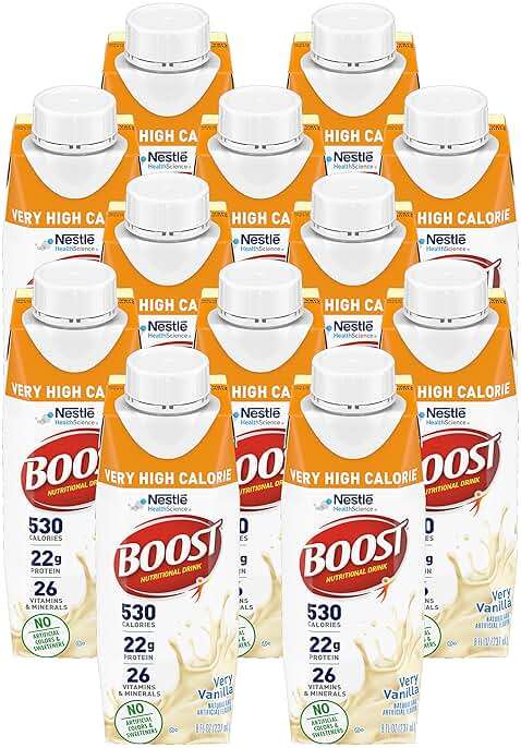 Boost Very High Calorie Nutritional Drink, High Protein Nutrition Shake, Ready to Drink Nutrition Beverage, Balanced Nutritional Drink, Meal Replacement Shake, Very Vanilla, 8 Fluid Ounce (Pack of 12) - Image 1