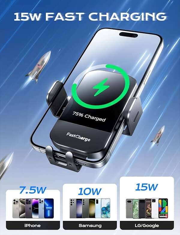 CHGeek Wireless Car Charger, 15W Fast Charging Auto Clamping Phone Holders for Your Car Phone Mount fit for iPhone 17 16 15 14 13 12 Pro Max 11 XR XS, for Samsung Galaxy S25 Ultra S24 S23, Black - Image 3