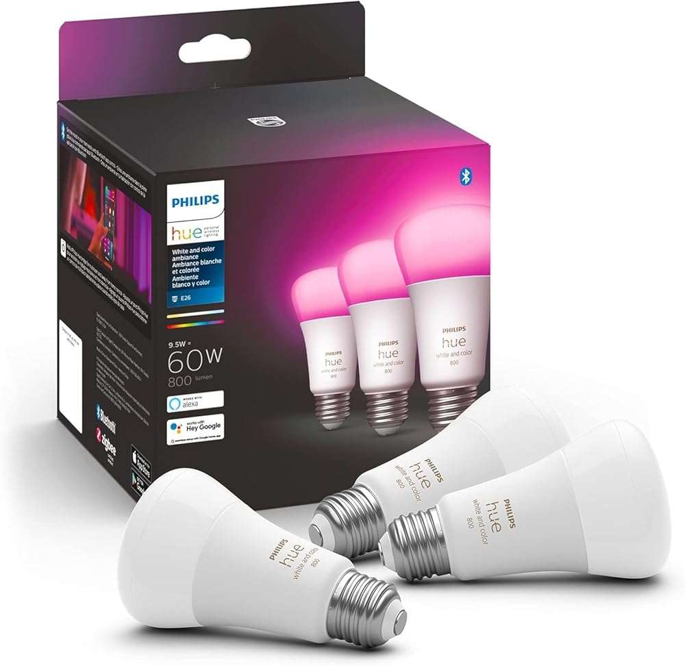 Philips Hue A19 LED Smart Light Bulb - White and Color Ambiance - 60W Indoor Light Bulb - Control with Hue App - Works with Alexa, Google Assistant and Apple Homekit - 3 Pack - Image 1