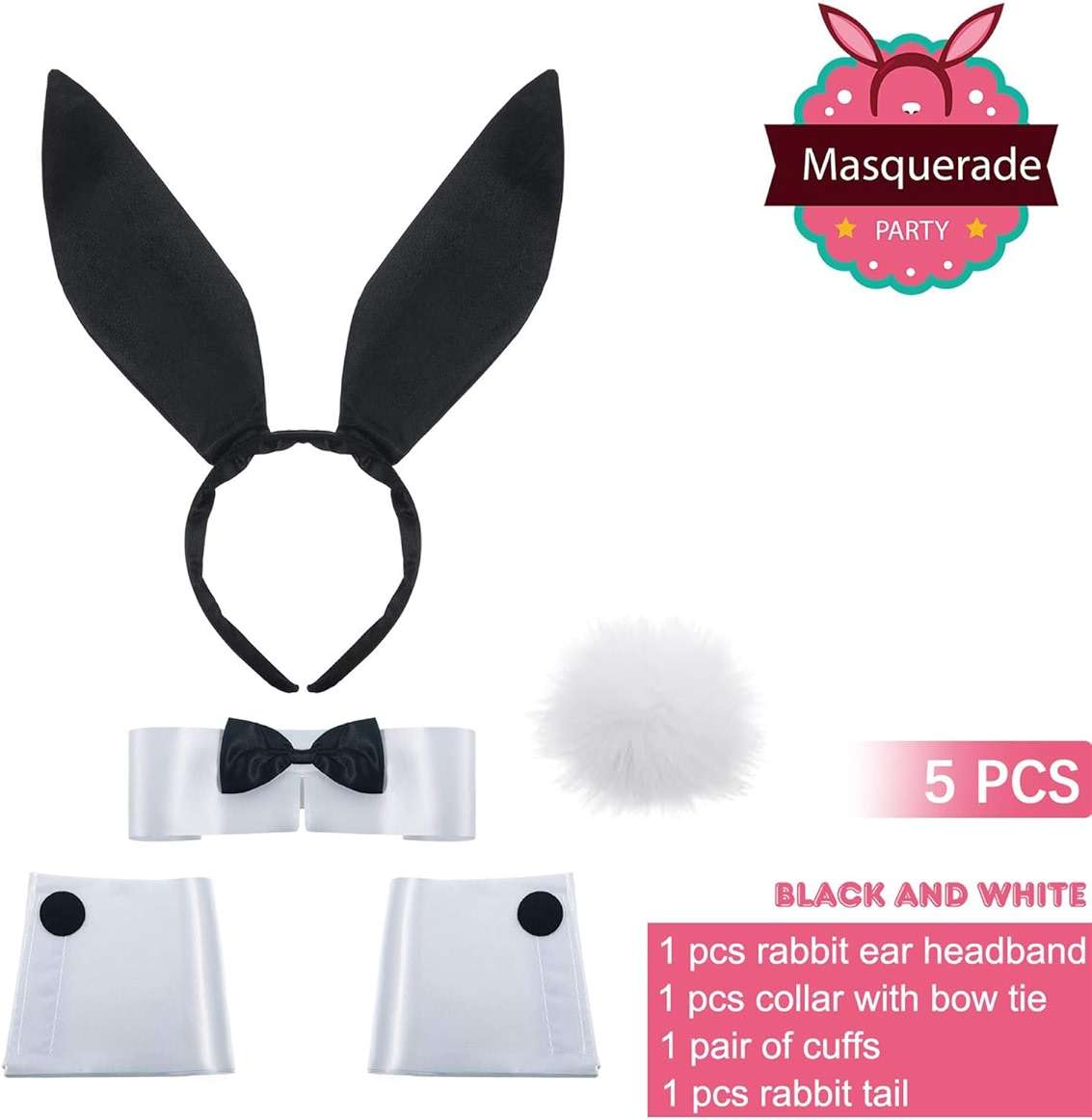 SATINIOR Bunny Costume Set Rabbit Ear Headband Collar Bow Tie Costume Cuffs Rabbit Tail for Halloween Party - Image 2