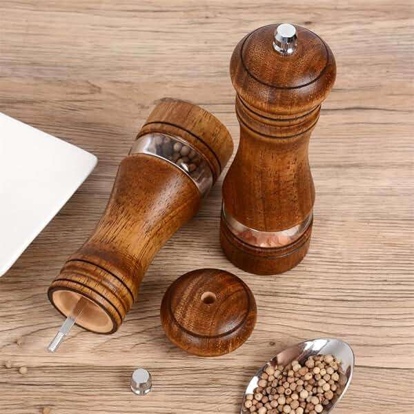 Haomacro Wood Salt and Pepper Grinder Mills Set, Classic Manual Pepper Grinder Salt Grinder Refillable Pepper Mill Sets with Acrylic Visible Window Adjustable Ceramic Grinding Rotor 6.5inch 2 Pack - Image 2