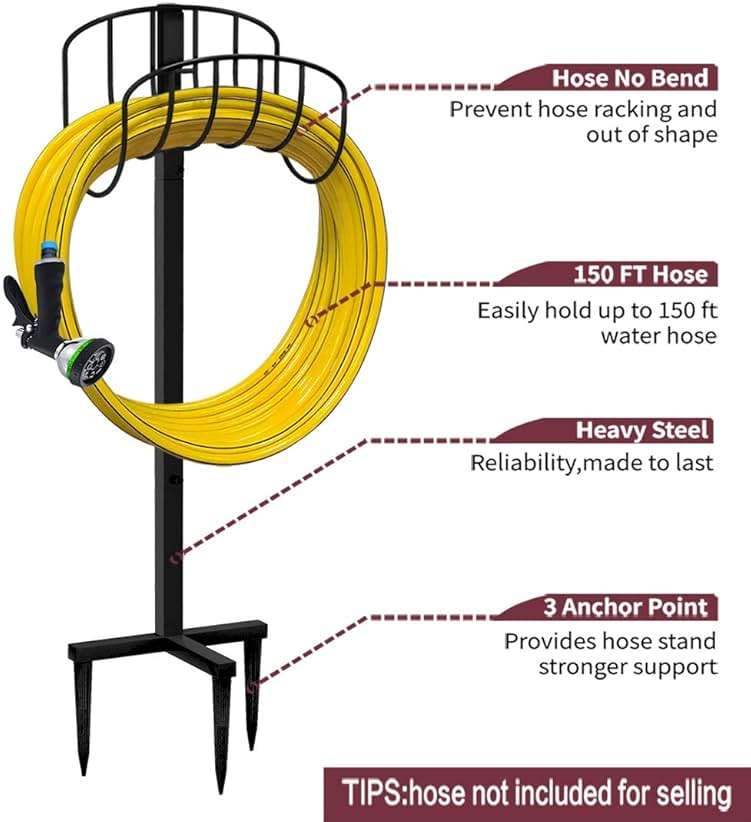 Artigarden Freestanding Garden Hose Holder Hanger, Outdoor Heavy Duty Metal Water Hose Storage Holders Stand Organizer Rack Detachable Stake, Holds 150 Ft of Hoses for Outside Lawn Yard, Black - Image 3