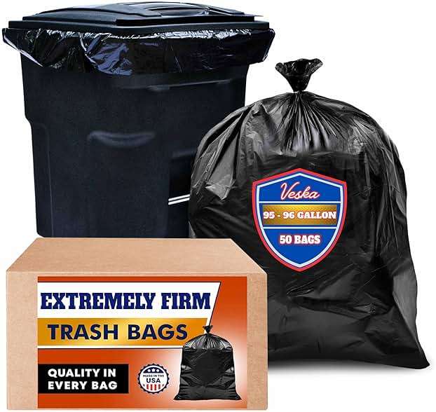 Veska 95-96 Gallon Trash Bags Heavy Duty (Huge 50 Bags W/Ties) 95-96 Gallon Trash Bags Large Black Heavy Duty Can Liners, Large 90-100 Gallon Garbage Can Liners - Image 1