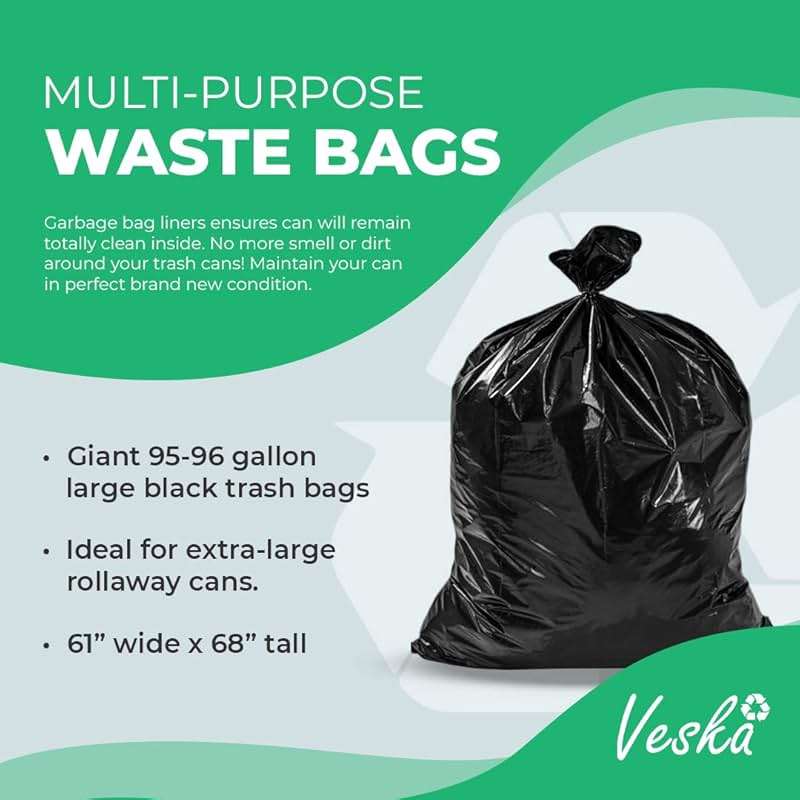 Veska 95-96 Gallon Trash Bags Heavy Duty (Huge 50 Bags W/Ties) 95-96 Gallon Trash Bags Large Black Heavy Duty Can Liners, Large 90-100 Gallon Garbage Can Liners - Image 7