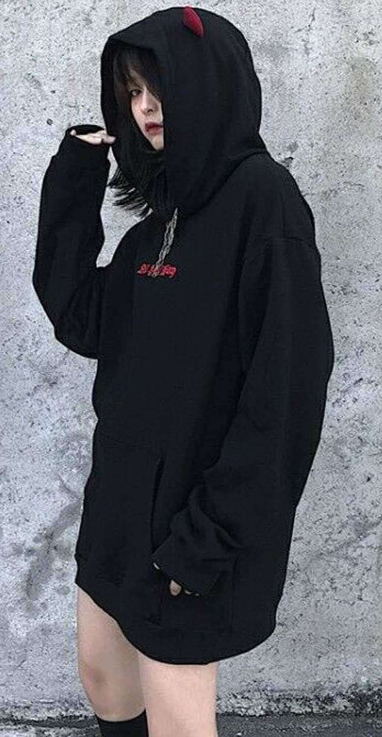 Womens Devil Wings Red Horn Sweatshirt Long Sleeve Hoodie Pullover Hooded Tops - Image 2