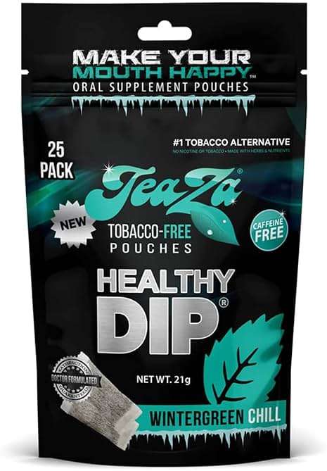 TeaZa Herbal Energy Pouches Tobacco Free Dip Nicotine Free, Smokeless Alternative Snuff Healthy Chewing Dipping Alternative, Wintergreen Chill (1 Pack) No Caffeine Refreshing Cool Flavor - Image 1