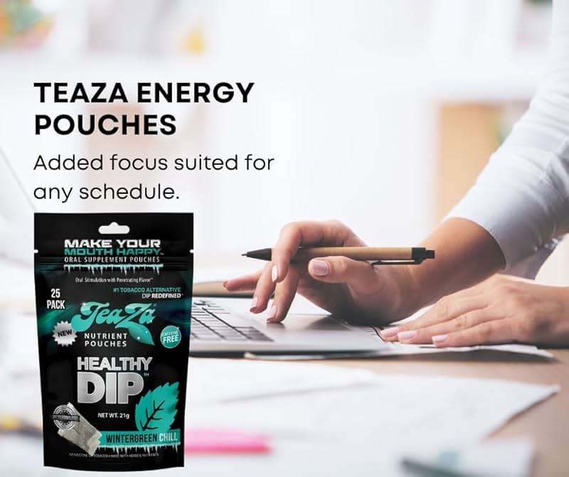 TeaZa Herbal Energy Pouches Tobacco Free Dip Nicotine Free, Smokeless Alternative Snuff Healthy Chewing Dipping Alternative, Wintergreen Chill (1 Pack) No Caffeine Refreshing Cool Flavor - Image 5