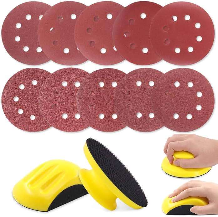 Glarks 62Pcs 5 Inch Hand Sanding Blocks Round and Mouse Hand Sanding pad with 60Pcs 8 Hole Hook and Loop Sanding Disc Set for Woodworking, Furniture Restoration, Home and Automotive Body - Image 1
