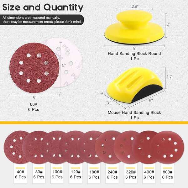Glarks 62Pcs 5 Inch Hand Sanding Blocks Round and Mouse Hand Sanding pad with 60Pcs 8 Hole Hook and Loop Sanding Disc Set for Woodworking, Furniture Restoration, Home and Automotive Body - Image 2