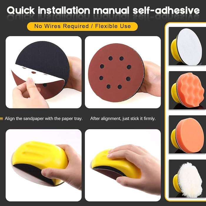 Glarks 62Pcs 5 Inch Hand Sanding Blocks Round and Mouse Hand Sanding pad with 60Pcs 8 Hole Hook and Loop Sanding Disc Set for Woodworking, Furniture Restoration, Home and Automotive Body - Image 6