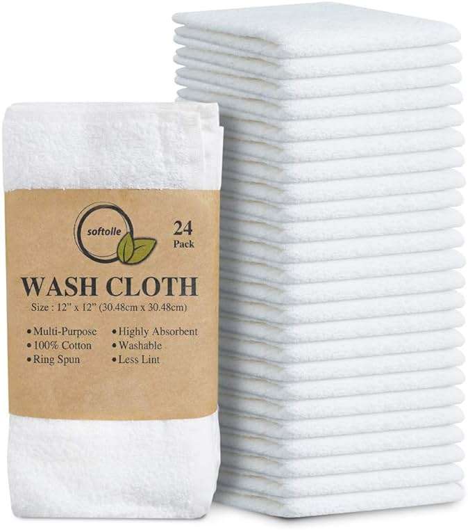 Softolle 100% Cotton Washcloths 24 Pack (12x12 Inches) Soft, Highly Absorbent Washcloth, Face Towels, Wash Cloths for Face, Ring Spun, Bulk Pack (White) - Image 1
