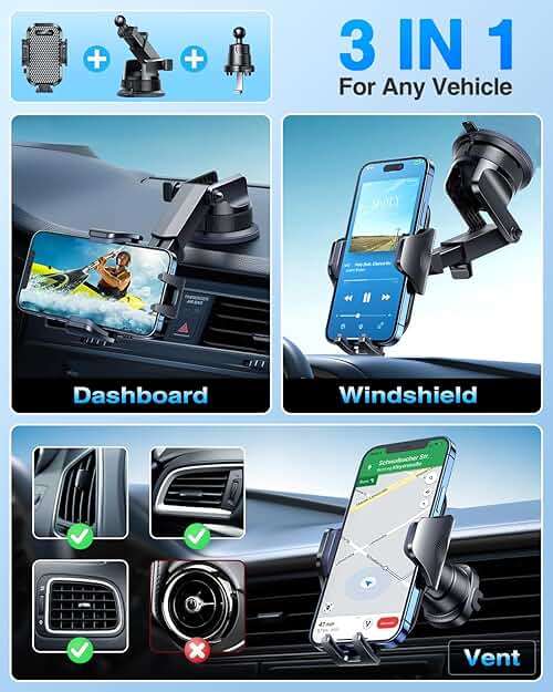 [True Military-Grade] Car Phone Holder VANMASS [Upgraded Strongest Suction&Clip] Cell Phone Mount for Dashboard Windshield Vent Kit, Truck Cradle Stand for iPhone 17 Pro Max 16 15 14 Android,Ink Black - Image 4